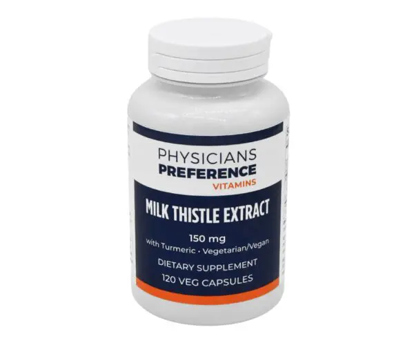 A bottle of milk thistle extract capsules.