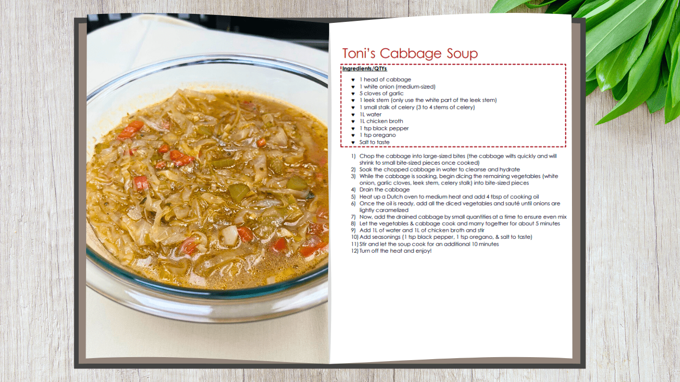 Blog Recipe - Toni's YF Cabbage Soup Recipe book with a picture of Ms. Toni's Cabbage Soup and the recipe on the opposite page.