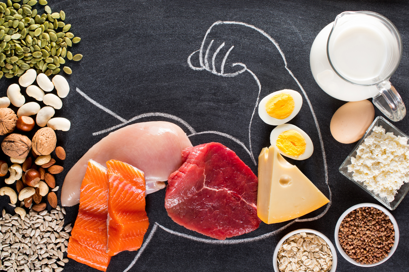 Chalk outline of a muscular arm with protein-rich food in the outline.