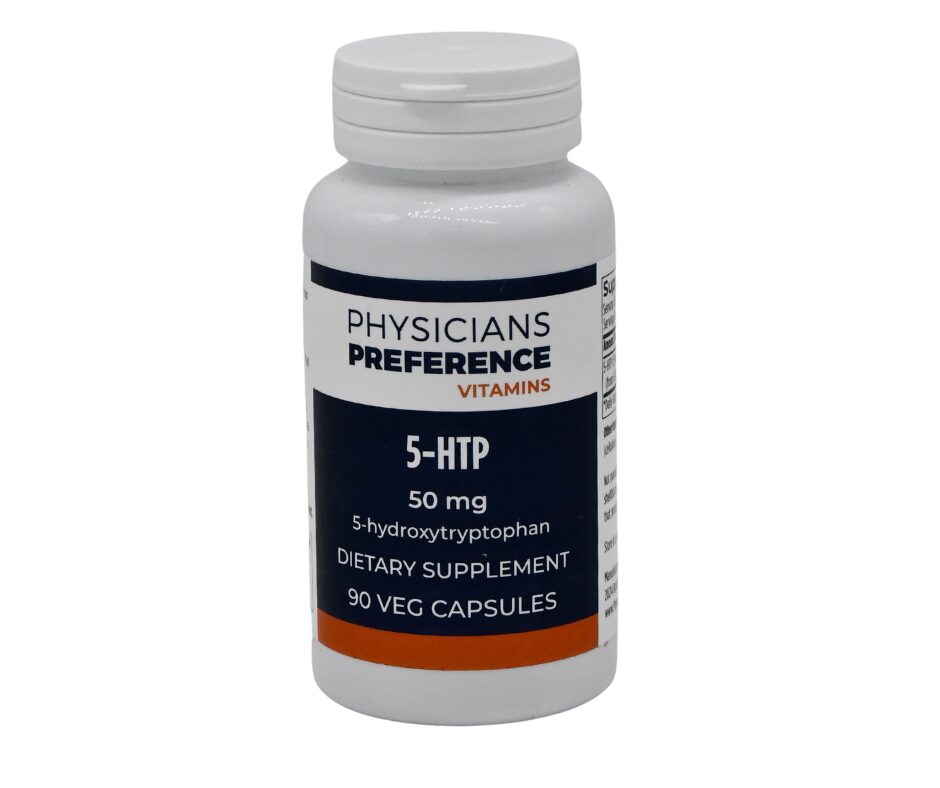 A bottle of 5-htp capsules.