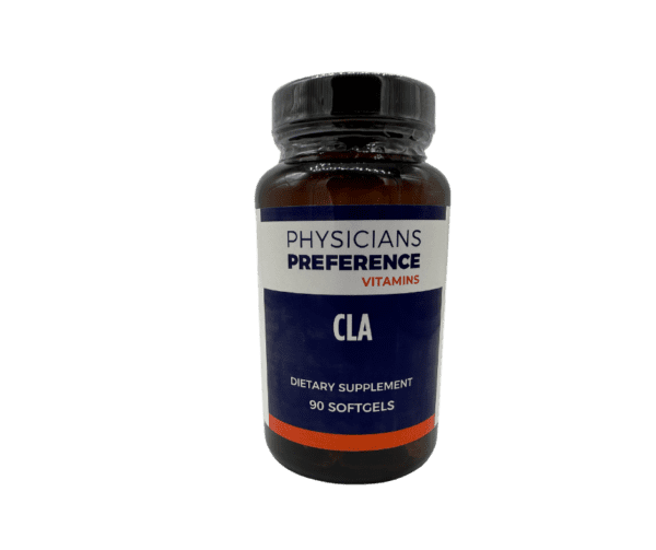 A bottle of cla supplement on green background.