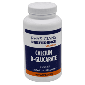 A bottle of calcium d-glucarate capsules.