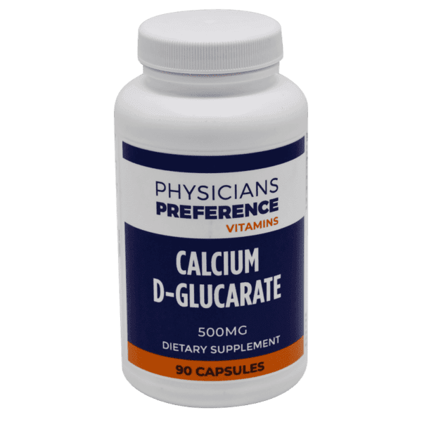 A bottle of calcium d-glucarate capsules.