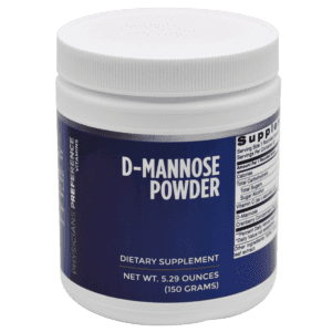 A container of d-mannose powder is shown.