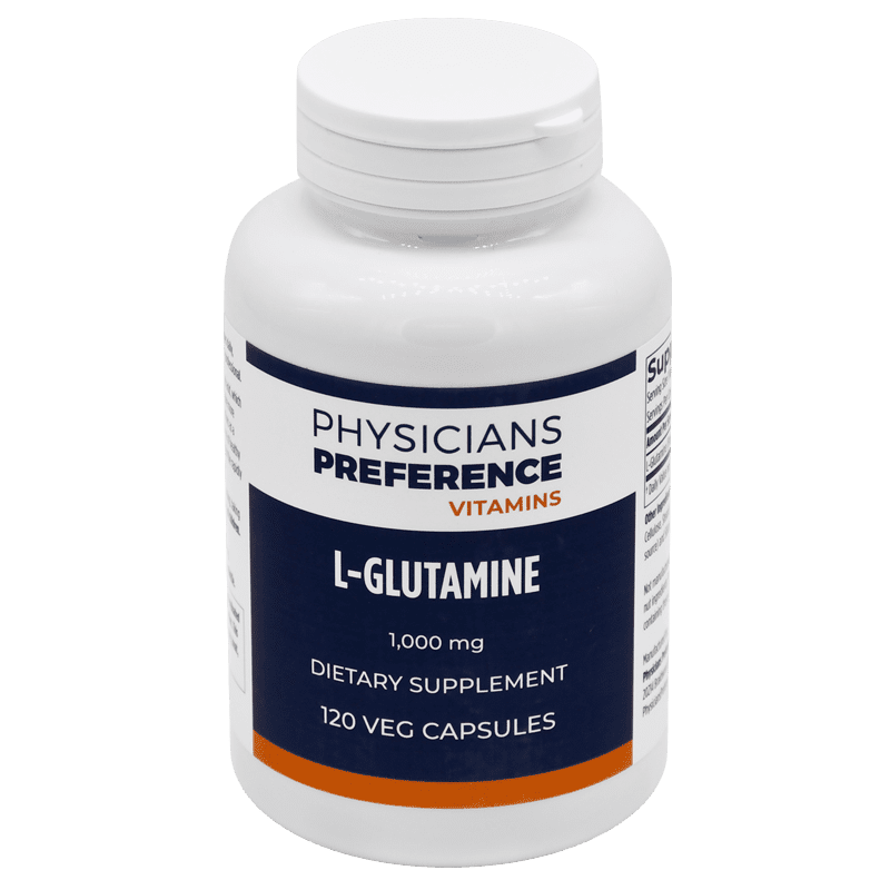 A bottle of l-glutamine supplement.