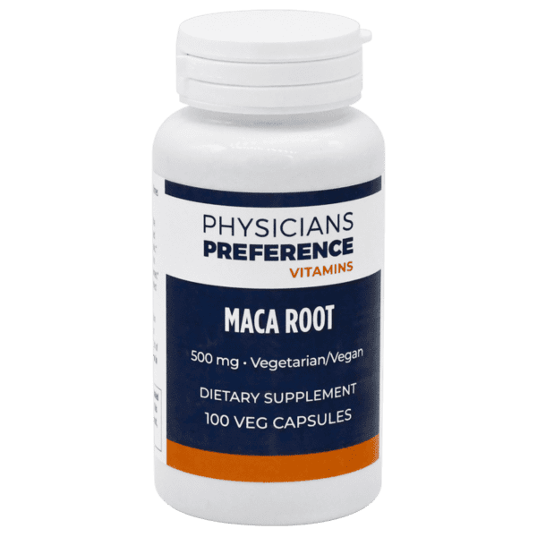 A bottle of maca root capsules.