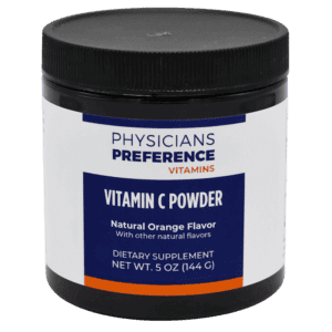 A container of vitamin c powder is shown.