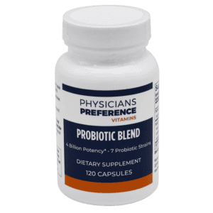 A bottle of probiotic blend capsules.