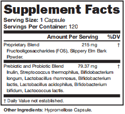 Supplement facts for a probiotic and prebiotics blend.