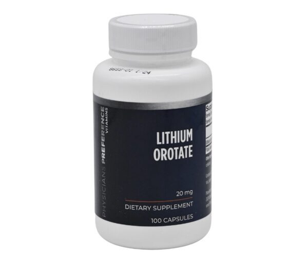 A bottle of lithium orotate is shown.