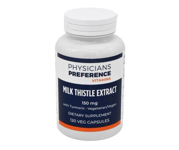 A bottle of milk thistle extract capsules.