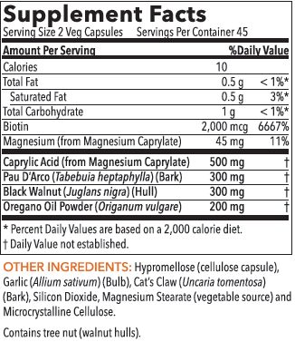 A table with some pills and information about the ingredients.