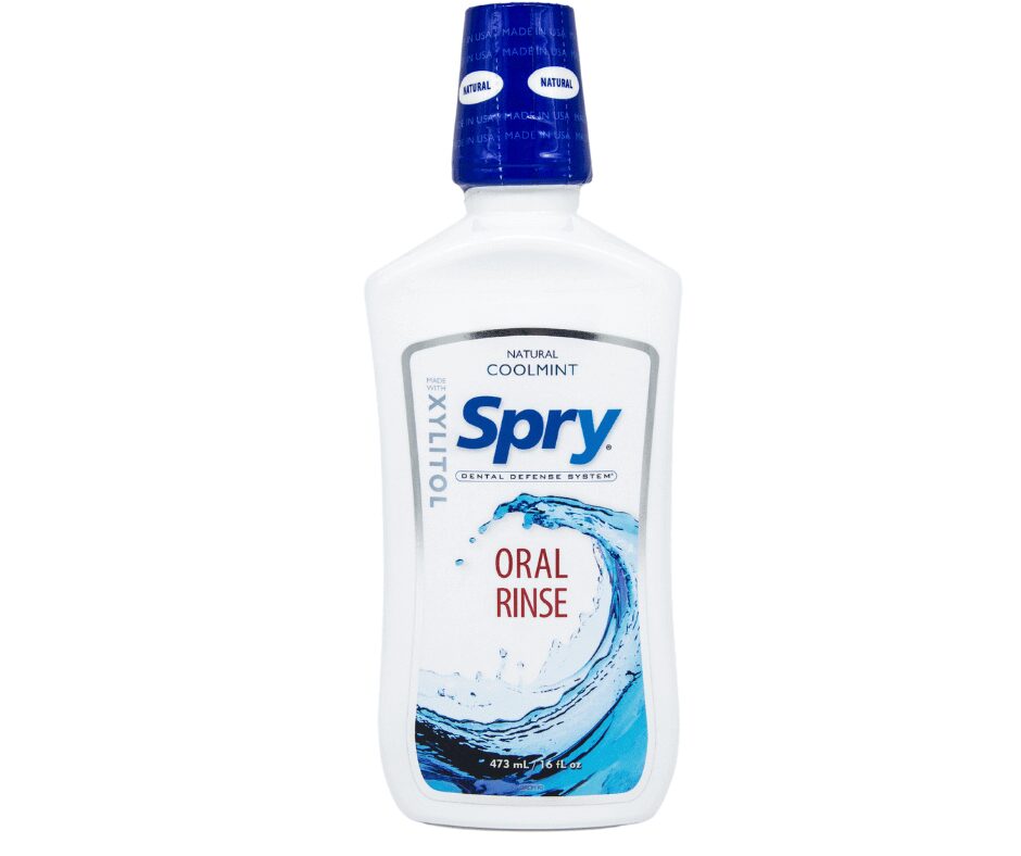 A bottle of spry oral rinse.
