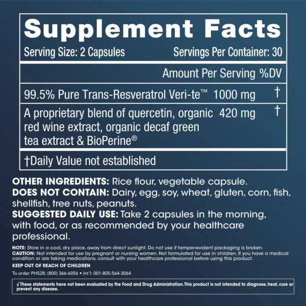 Trans-Resveratrol Plus 1,000 mg per Serving 60 Capsules - Image 2