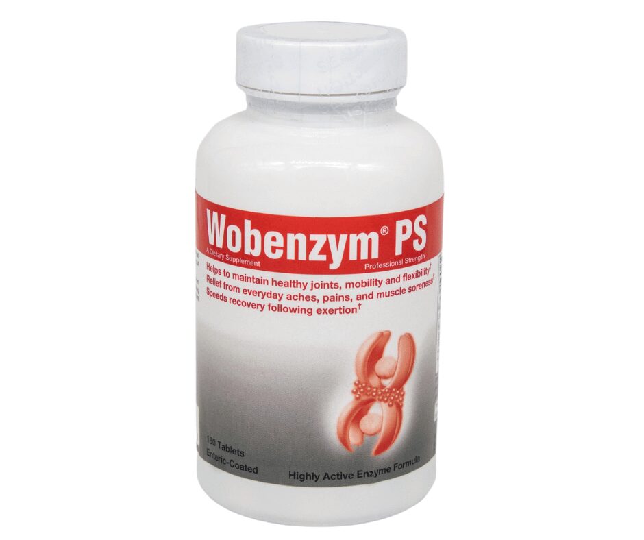 A bottle of wobenzym ps is shown.