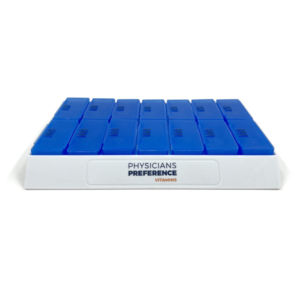A blue and white tray with many small blocks