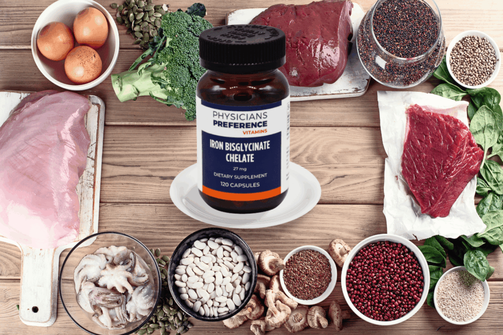 Foods containing iron with a bottle of Iron Bisglycinate Chelate in the middle.