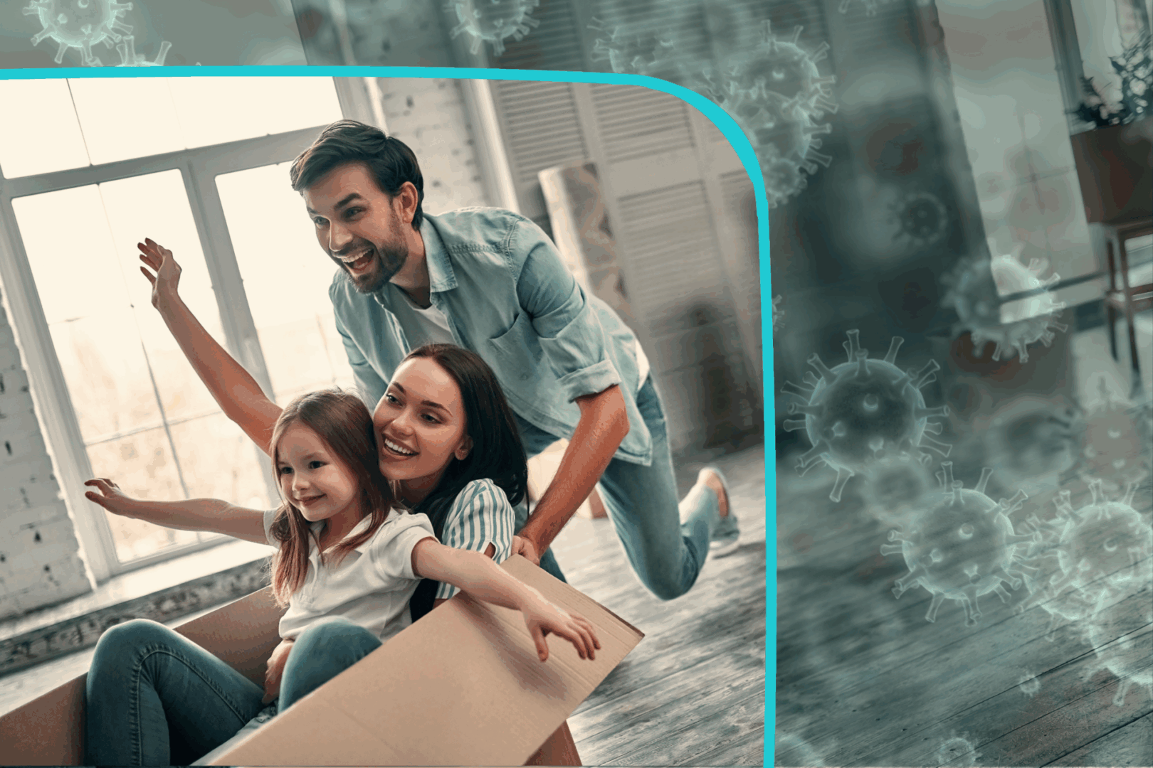 Dad pushing mom and daughter in a box while having immunity protection against germs.