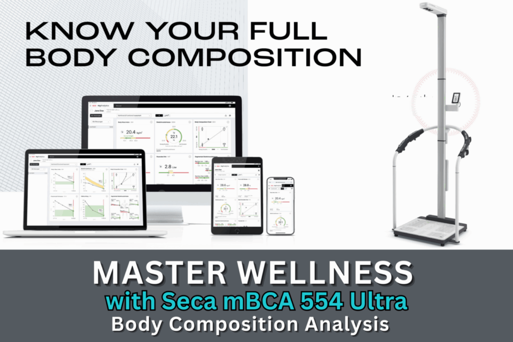 Seca Body Composition Scan Machine with ipads and smart phones with results displayed on them.
