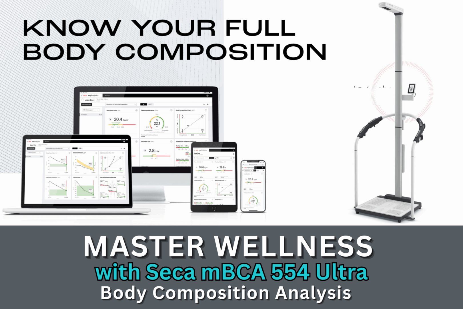 Seca Body Composition Scan Machine with ipads and smart phones with results displayed on them.