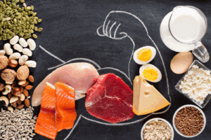 Chalk outline of a muscular arm with protein-rich food in the outline.