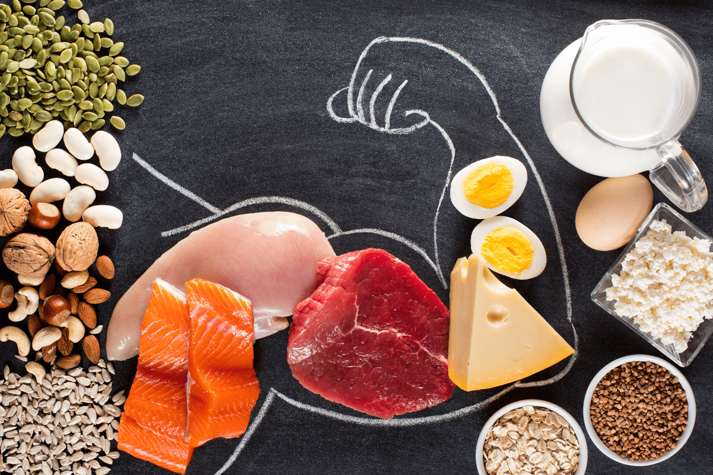 Chalk outline of a muscular arm with protein-rich food in the outline.