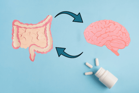 Probiotic Blend bottle with gut-brain connection wording highlighting digestion, microbiome support, and mental clarity.