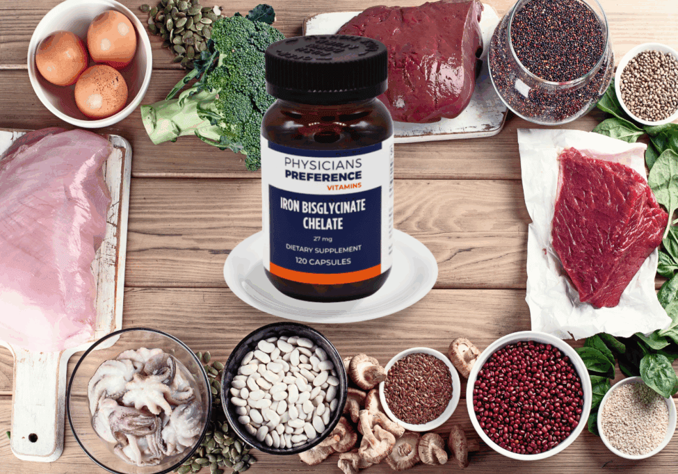 Foods containing iron with a bottle of Iron Bisglycinate Chelate in the middle.