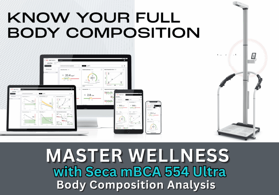 Seca Body Composition Scan Machine with ipads and smart phones with results displayed on them.
