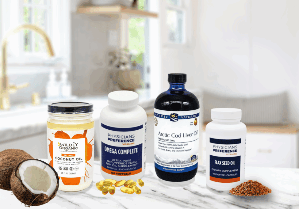 PPV Blog Supplemental Oils (2) A kitchen counter with supplemental oils: Coconut Oil, Omega Complete, Artic Cod Liver Oil, and Flax Seed Oil.